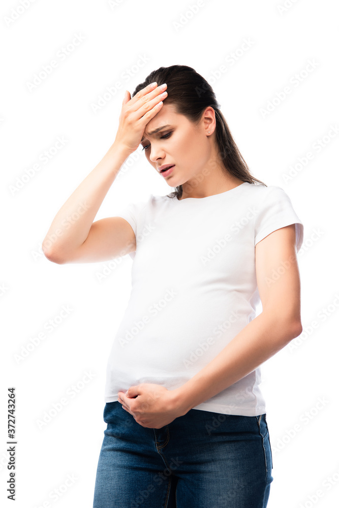exhausted pregnant woman in white t-shirt touching head isolated on white exhausted pregnant woman in white t-shirt touching head isolated on white