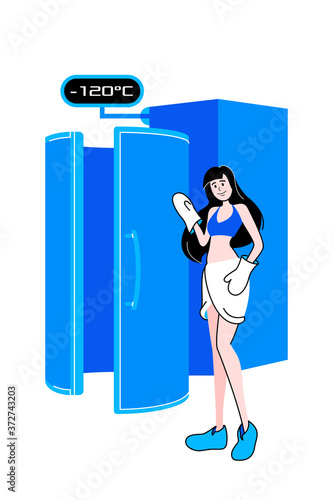 Beauty woman stands and smiles near the cryosauna device. Vector illustration.