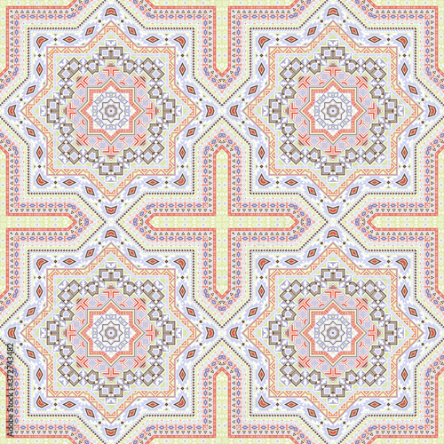 Simple italian maiolica tile seamless pattern. Geometric texture vector motif. Carpet print design. Stylized italian mayolica tilework iterative pattern. Geometric shapes wallpaper.