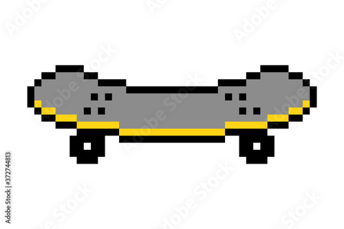 Pixel art skateboard icon isolated on white background.; 8 bit old school vintage retro 80s-90s video game graphics.