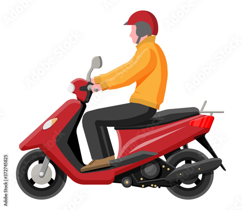 Red motor scooter with driver in helmet isolated on white. Urban vehicle, city transportation. Modern motorbike. Cartoon flat vector illustration.