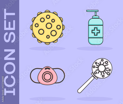 Set Virus under magnifying glass, Virus, Medical protective mask and Bottle of liquid antibacterial soap icon. Vector.