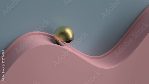 Cycled minimal animation. Abstract 3d render. Metall ball rolling on the wavy geometry. Loopable sequence.