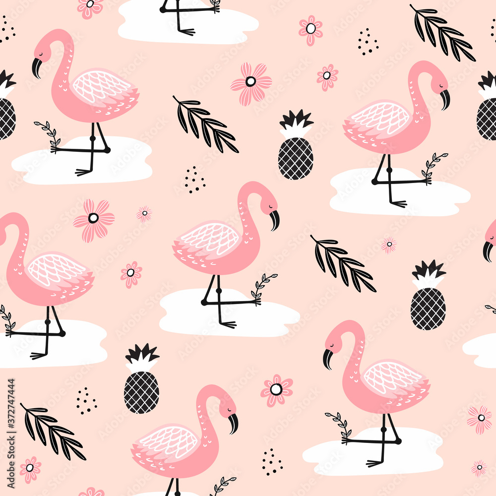Fototapeta premium Seamless pattern with flamingo and hand drawn elements.