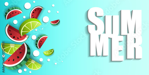 Set of 3D fruit slices. Abstract composition of ripe limes,
and watermelons. Design for decoration. Stock vector.