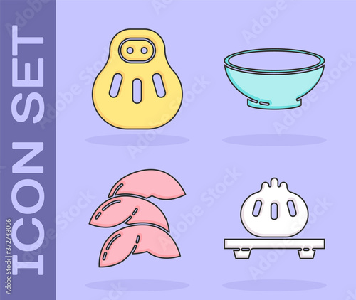 Set Dumpling on cutting board, Maneki neko cat, Chinese fortune cookie and Bowl of hot soup icon. Vector.
