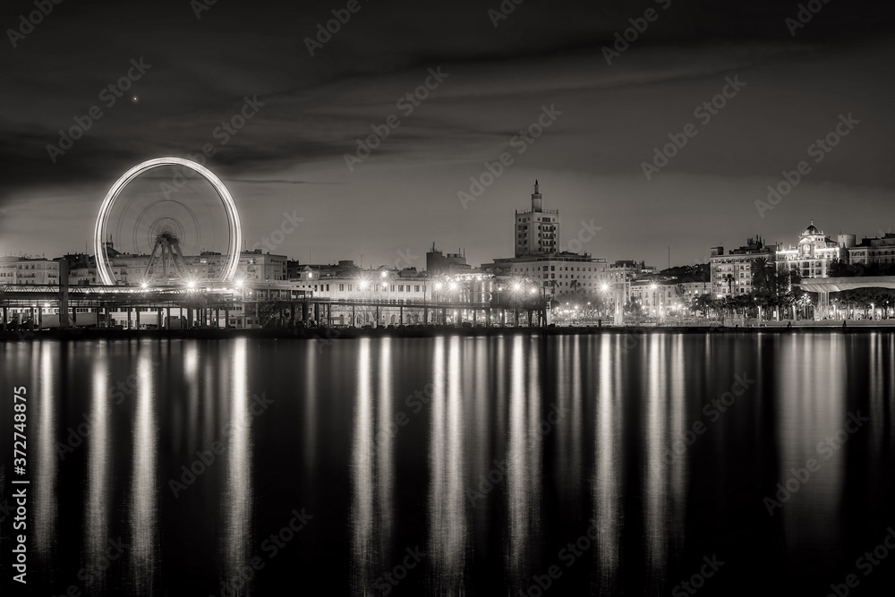 View of Malaga city and Ferris wheel from harbour, Malaga, Spain, monochromatic