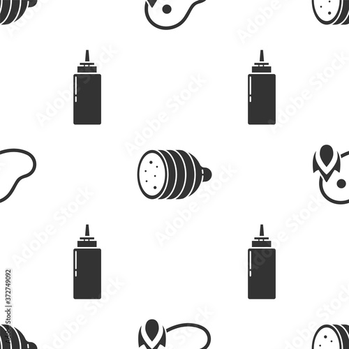 Set Grilled steak meat and fire flame, Salami sausage and Sauce bottle on seamless pattern. Vector.