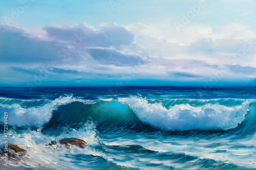 Painting seascape. Sea blue wave.