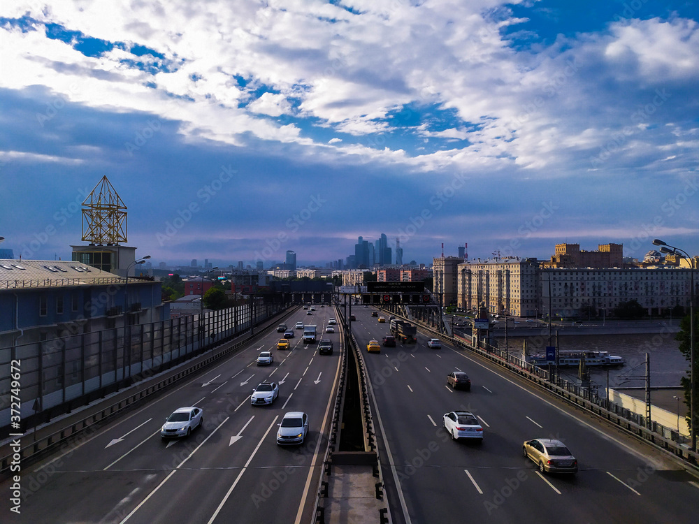 Highway in Moscow with buildings behind