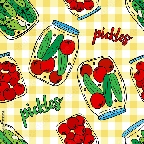 Vector illustration of jars with pickled cucumbers and tomatoes. Doodle picture of pickles. Seamless pattern for textile, web, postcard printing, wrapping paper.