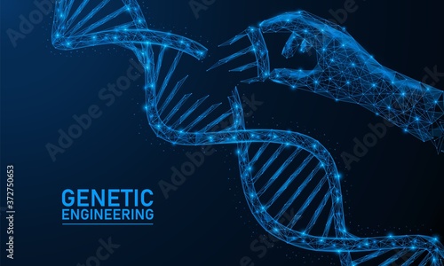 Genetic engineering of DNA. Concept of scientific research and editing of the genome of a living organism. Low-poly design of the human hand and the chromosome helix. Blue background.