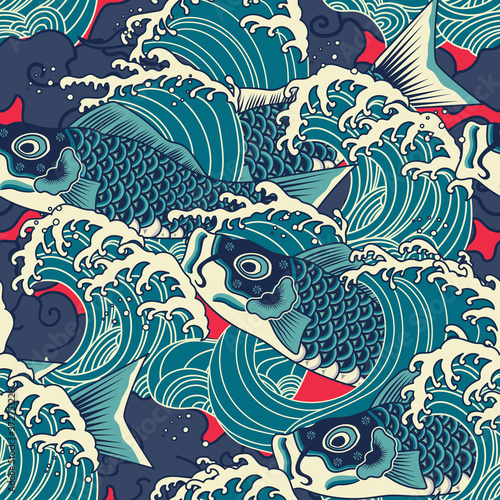Colorful japanese Koi/carp fish in the wave seamless pattern