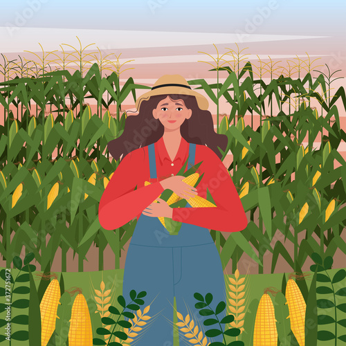 Woman farmer on corn field background. Vector illustration in flat style