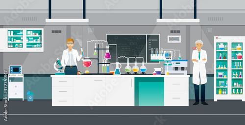 Scientists are doing chemistry experiments in the lab.