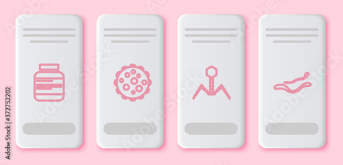 Set line Medicine bottle and pills, Virus, Bacteria bacteriophage and Ebola virus disease. White rectangle button. Vector.