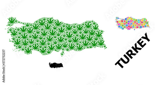 Vector Mosaic Map of Turkey of Bright and Green Weed Leaves and Solid Map