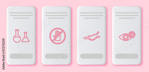 Set line Test tube and flask, No handshake, Ebola virus disease and Reddish eye due to. White rectangle button. Vector.