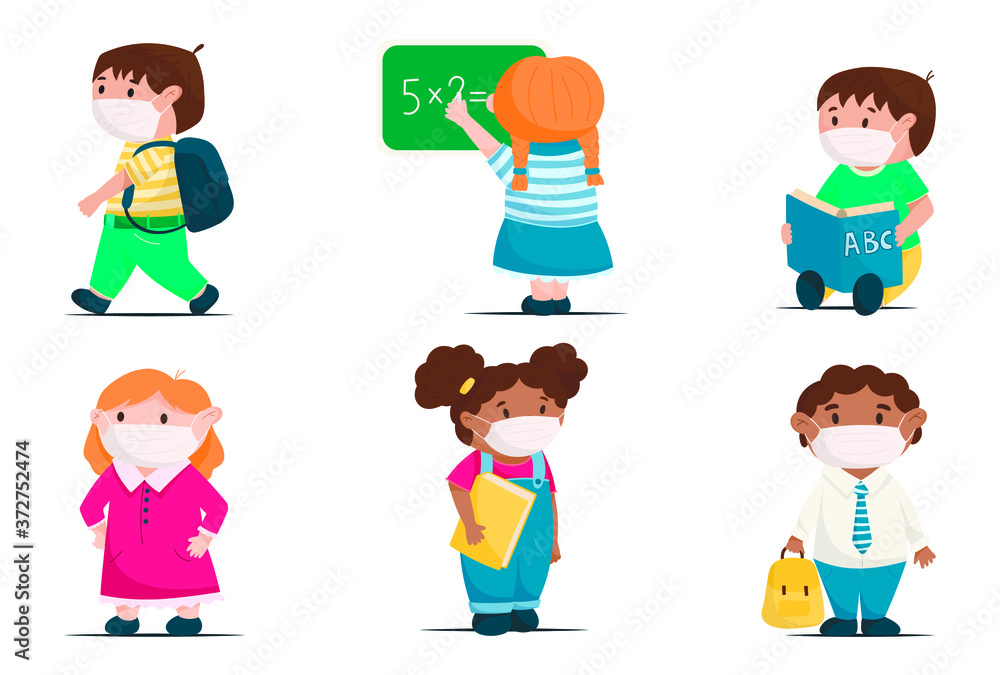 Cartoon vector set of cute children, school kids going back to school. Smiling pupils with books and backpacks. New normal. Cartoon vector set of cute children, school kids going back to school. Smiling pupils with books and backpacks. New normal.