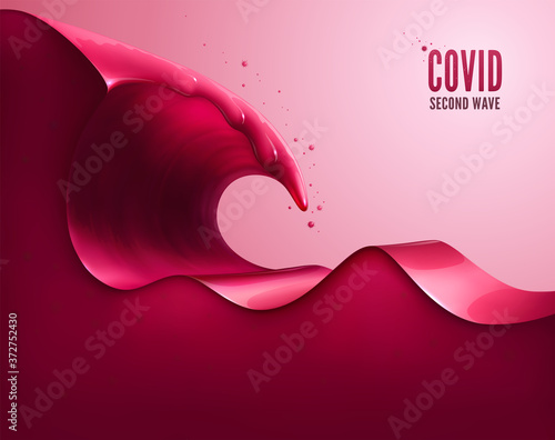 COVID, second wave. Abstract vector illustration about a new risk of expected 2nd coronavirus outbreak. Red and crimson conceptual template with a copy space for medical and business presentations.