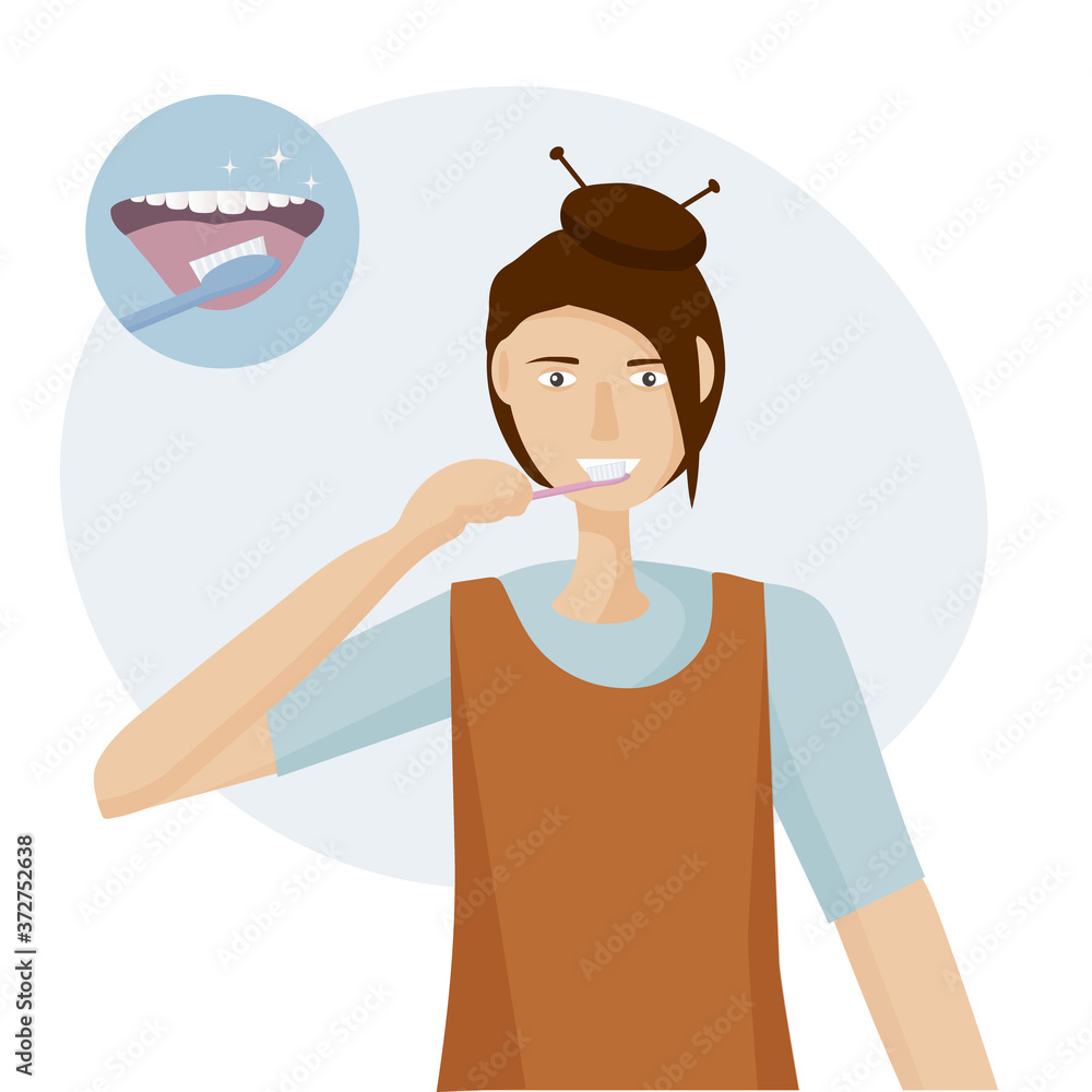 A woman brushing her tongue with a toothbrush. Open mouth with tongue and healthy clean teeth. Oral hygiene concept every day. Vector illustration flat design A woman brushing her tongue with a toothbrush. Open mouth with tongue and healthy clean teeth. Oral hygiene concept every day. Vector illustration flat design
