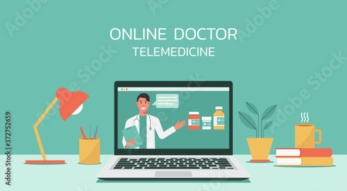 telemedicine concept, virtual doctor describe about benefit of medicines on laptop computer, vector flat illustration