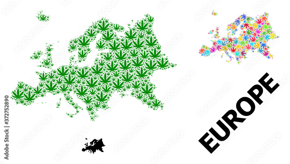 Vector Mosaic Map of Europe of Bright and Green Weed Leaves and Solid Map Vector Mosaic Map of Europe of Bright and Green Weed Leaves and Solid Map