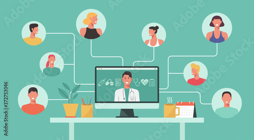 telemedicine concept with doctor and medicine icon on computer, virtual meeting with patients, vector flat illustration