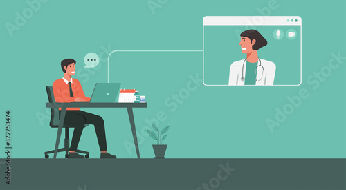 man stay at home video call conferencing with doctor, social distancing, vector flat illustration