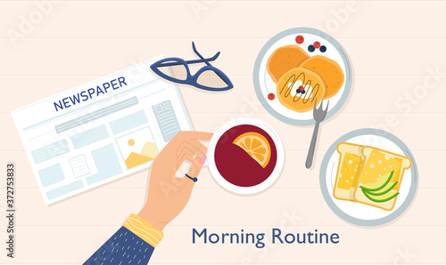 Morning routine concept with a person enjoying a hearty breakfast while reading the newspaper viewed from overhead with text, colored vector illustration