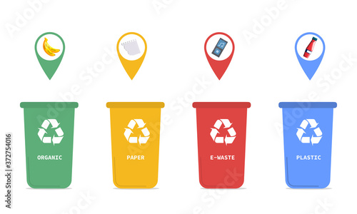 Four coded recycling bins for segregating household waste into plastic, glass, paper and organics, colored vector illustration