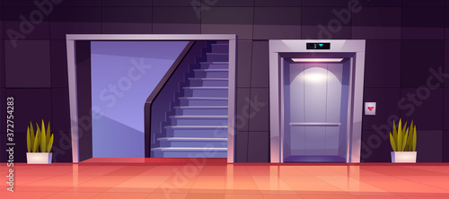Empty hallway interior with open elevator doors and stairs. Vector cartoon illustration of office lobby, hotel hall, corridor in house with lift, staircase and plants