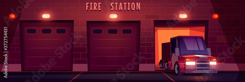 Red emergency rescue truck drives from fire station at night. Vector cartoon illustration of city firefighter department with closed gates and vehicle. Office of extinguisher service with garage