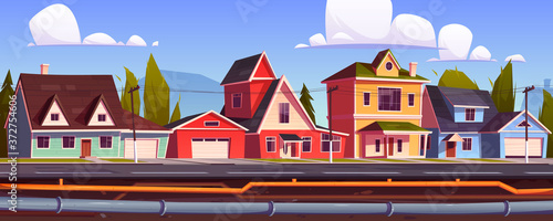 Suburb houses and underground pipeline. Sewer and plumbing system under city street. Vector cartoon illustration of landscape with suburban cottages, pipes with water and drainage
