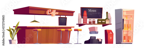 Coffee shop interior with wooden counter, stools and bottles in fridge. Vector cartoon set of furniture of cafe with coffee, tea and drinks, shelf with cups and menu board isolated on white background