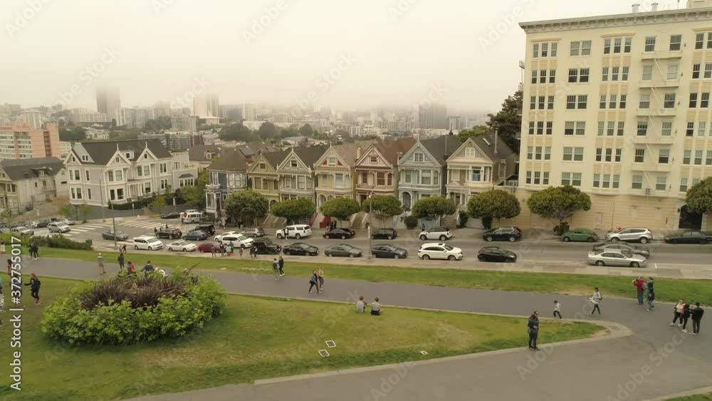 San Francisco Painted Ladies California Cloudy Foggy Summer Aerial 4K San Francisco Painted Ladies California Cloudy Foggy Summer Aerial 4K