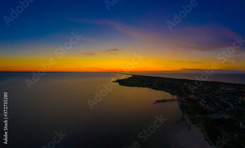 Beautiful Panorama color sky, sunset by the Baltic Sea, Jastarnia, Poland. Aerial View
