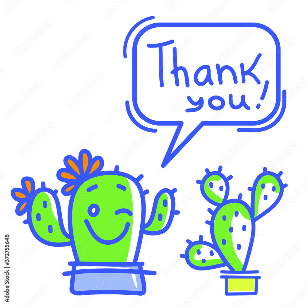 Fototapeta premium Thanks card with Cactus succulent and text. Color Hand draw illustration isolated on white