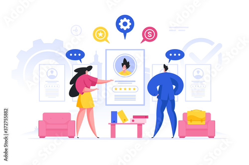 Woman showing popular account to male entrepreneur