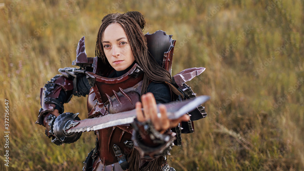 Fototapeta premium Girl in medieval knight's armor with a big sword against the sunset fields background