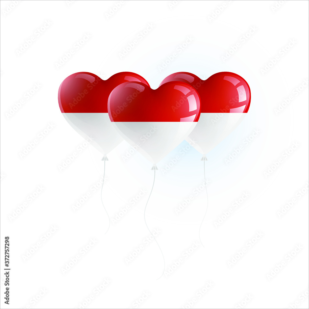 Heart shaped balloons with colors and flag of INDONESIA vector illustration design. Isolated object.