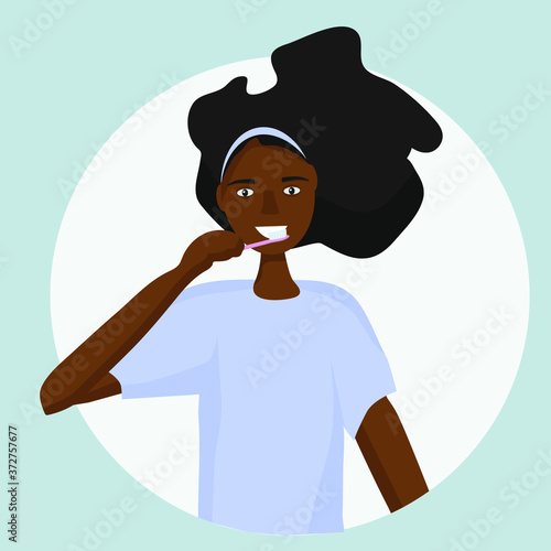 African woman brushes her teeth daily with a toothbrush. Oral hygiene every day. It is important to brush your teeth properly and on time.  Vector illustration flat design