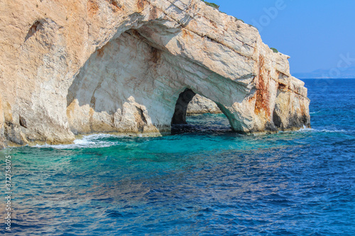 Blue caves on the island of Zakynthos in Greece. Stunning scenery. Ionian sea. Boat trip around the island. Mediterranean.