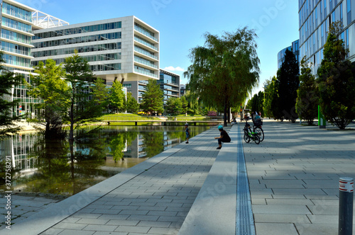 a lot of water, a lot of trees. alley between offices