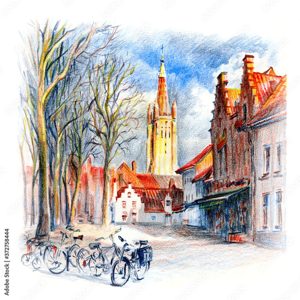 Obraz premium Urban sketch of Bruges square, Church of Our Lady tower on background, Belgium. Drawing with colored pencils