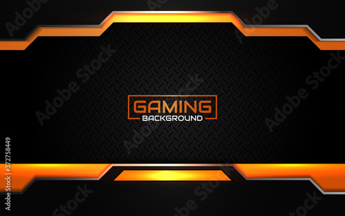 Abstract futuristic black and orange gaming background with glossy metal esport shapes. Vector design template technology concept can use element game banner, sport poster, wallpaper, web streaming