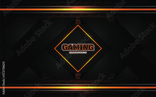 Abstract futuristic black and orange gaming background with glossy metal esport shapes. Vector design template technology concept can use element game banner, sport poster, wallpaper, web streaming