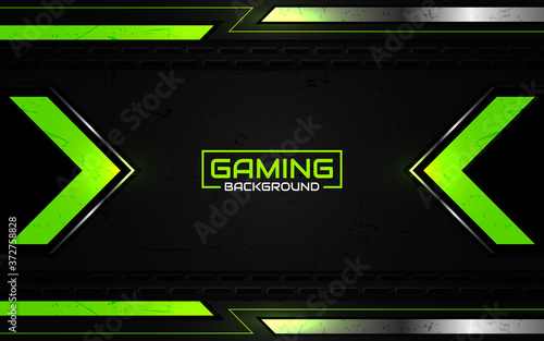 Abstract futuristic black and green gaming background with glossy metal esport shapes. Vector design template technology concept can use element game banner, sport poster, wallpaper, web streaming
