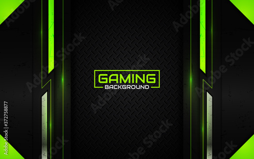 Abstract futuristic black and green gaming background with glossy metal esport shapes. Vector design template technology concept can use element game banner, sport poster, wallpaper, web streaming