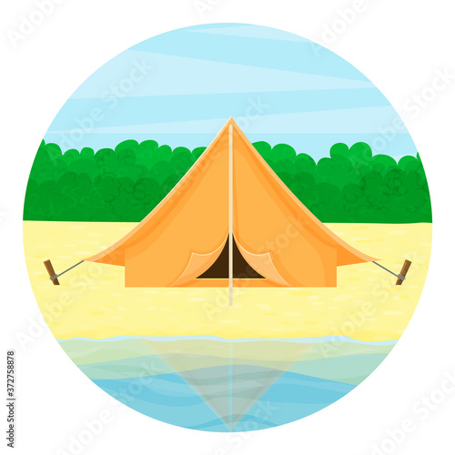 Travel icon. Tourist tent on the lake  against the background of the forest. Summer landscape. Cartoon style. Object for packaging  advertisements  template. Vector illustration.